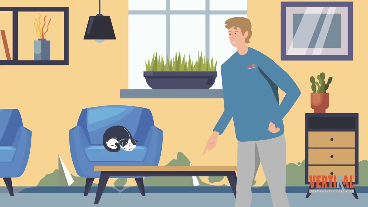 Homme pointant un chat avec des lunettes de soleil sur un canapé bleu.
